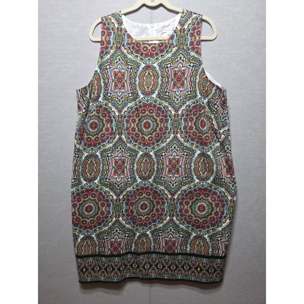 London Times Woman 20W Sleeveless Shift Dress Multicolor Medallion Print Knee